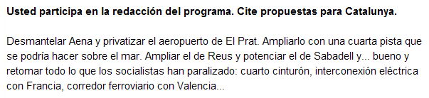 Daniel Sirera (Presidente del PPC) propone ampliar el aeropuerto del Prat con una cuarta pista de cara a las próximas eleccions generales en una entrevista en La Vanguardia (10 de Noviembre de 2007) 